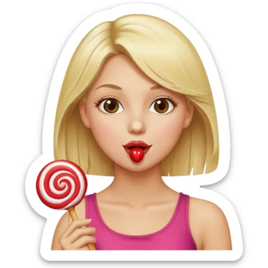 Blonde women with shoulders showing and licking a lollipop sticker
