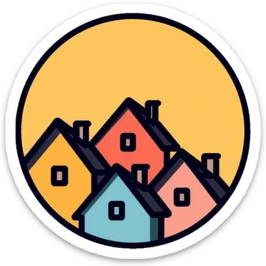 Community of houses in a circle, minimalist homelessness support logo sticker