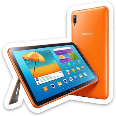 Ultra Detailed hyperrealistic beautiful Samsung galaxy 10.5 tablet, with a cute neon orange summer vibes cover case 3d render, isolated, still life. Must be 8k quailty, 9000x9000px resolution  sticker