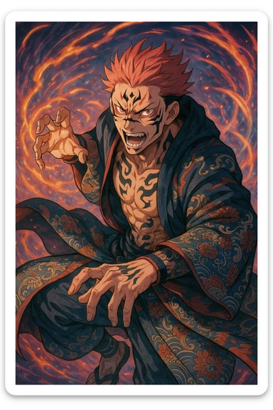 Sukuna character inspired by anime style, visual interpretation 3, detailed, dynamic pose, vibrant colors sticker