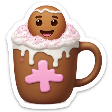 Brown gingerbread man mug with baby pink decoration with hot chocolate with whipped cream and pink sprinkles  sticker