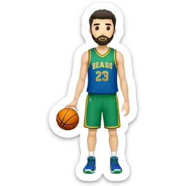 Full Body  white male basketball player with short shaggy dark hair and  close shave gold tee beard  wearing blue and green uniform sticker
