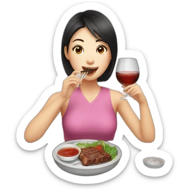 An Asian girl eating Korean bbq and drinking soju sticker