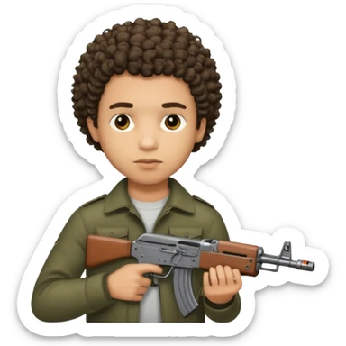 AK47 in hand, light skin male with shortest curly hair  some cuts on the face  sticker