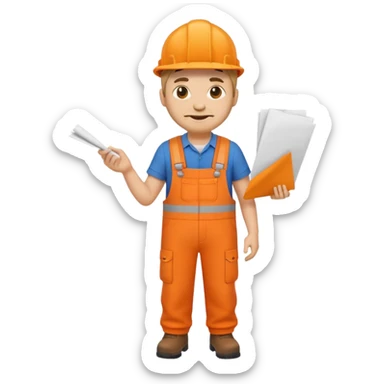emoji style railway engineer full body in orange overalls, carrying one piece of paper in front of him sticker