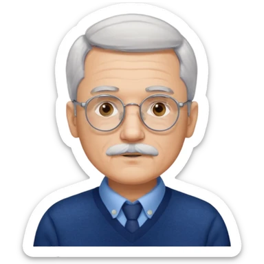 Style anchor + Senior male American, light skin, gray hair, silver round glasses, neat white mustache, navy sweater over blue collared shirt, calm. sticker