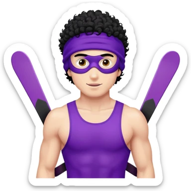 shirtless athletic man with white skin and black curly hair, wearing a purple ski mask sticker