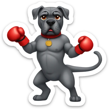 Gray Cane Corso dog with red boxing gloves on in fighting stance like a human. sticker