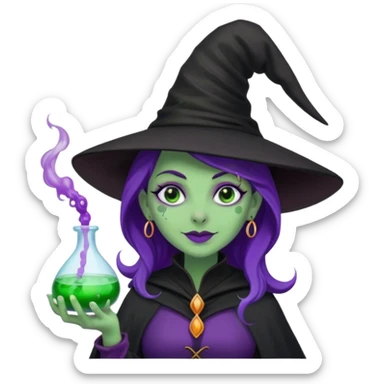Witch with Green Skin – long-nosed witch in black hat holding potion sticker