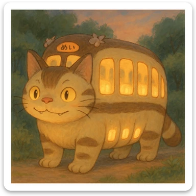 a gentle cat bus with glowing windows, ghibli style, warm, friendly, soft colors sticker