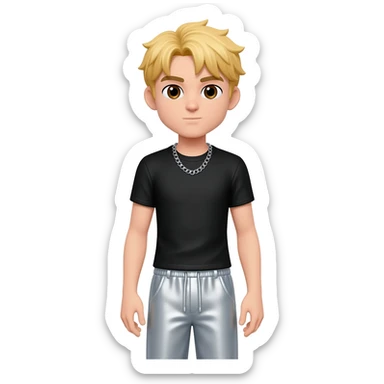 8-BitRyan with brown eyes, blonde hair, black metallic t-shirt, light grey metallic baggy pants, silver necklace sticker