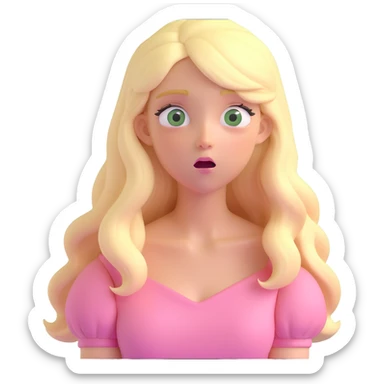 a 3d IOS realistic style emoji of a blonde with long hair and swamp eyes in a pink pastel dress surprised sticker