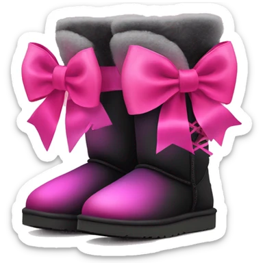 Pair of black and hot pink ombre Ugg fur boots laced up with pink silk ribbon bows. sticker