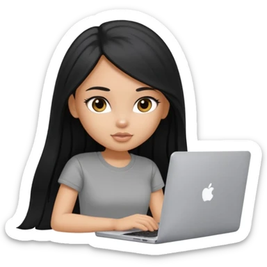 a pretty tan bratz girl with black long straight hair, wearing a grey tshirt using her laptop  sticker