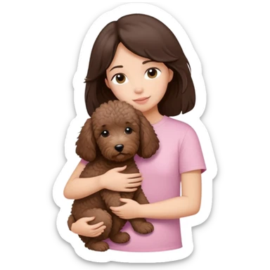 One girl with medium long dark brown hair dressing baby pink T-shirt, hugging One little brown coated labradoodle. sticker