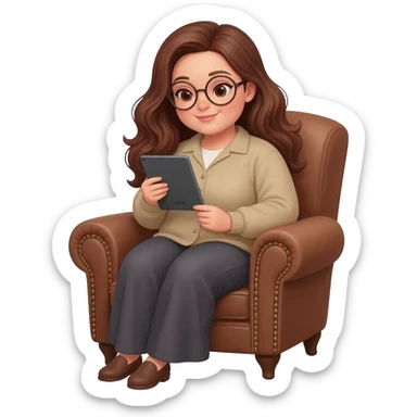 detailed emoji illustration of a curvy woman with long chestnut brown wavy hair, light brown eyes and round glasses sitting in a brown vintage armchair while reading on an e-reader tablet, cozy reading atmosphere, cute emoji style sticker