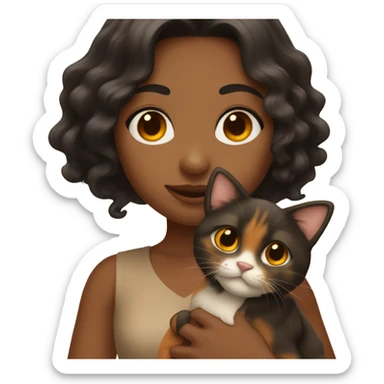 tan girl with long wavy black hair, holding a brown and orange cat sticker