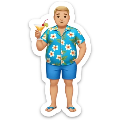 chubby guy full figure in a flowered azure havai shirt, brown shorts and flippers holding a cocktail sticker