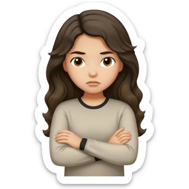 Hispanic light tan girl with long dark wavy hair with arms folded and pouting. Wearing a long sleeve. Hair with middle part. sticker