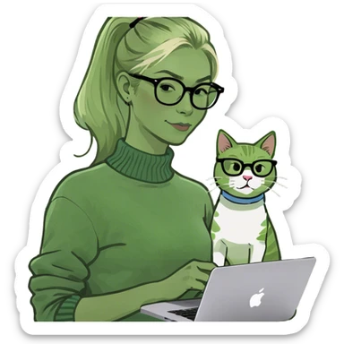 Blonde woman ponytail  with cat and MacBook  sticker