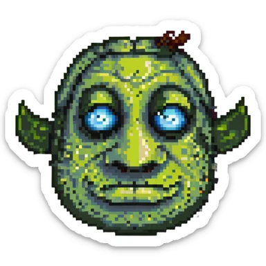 Shrek face close-up in pixel art, big round nose, expressive eyes sticker
