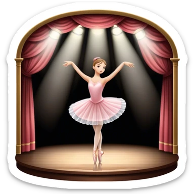 Icon for Ballet: a theater stage with silhouette of a ballerina in an elegant pose, surrounded by spotlight and stage lights. The icon should convey the grace and beauty of ballet, with focus on the dancer and the dramatic lighting. Transparent background. sticker