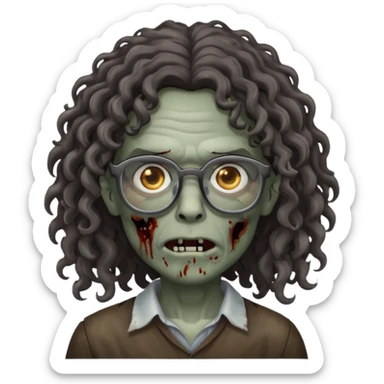 make a zombie with grey skin and long dark brown curly hair and glasses sticker