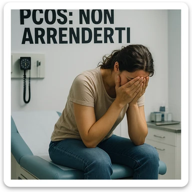 woman in clinical environment, sitting on medical examination table, head down and hands on face, atmosphere of distress, Italian text: 'PCOS: non arrenderti', 4K quality sticker