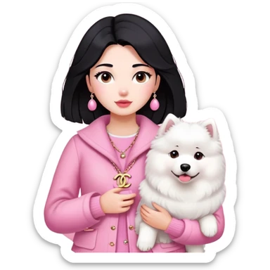 black-haired girl in pink Chanel style outfit with white Samoyed dog sticker