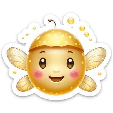 Cinematic tiny glowing firefly, round and chubby, soft golden light, tiny happy face, gentle floating motion, surrounded by dreamy sparkling dots. sticker
