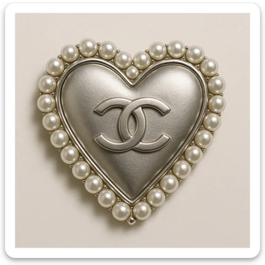 Classic Chanel heart with a metallic silver finish, pearl border, and interlocking C's, sophisticated and iconic design. sticker