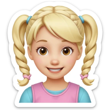 A playful blonde female cartoon character with wide, mischievous eyes, smiling, pigtail, dynamic pose suggesting movement, pastel colors, minimalistic and cute emoji style. sticker