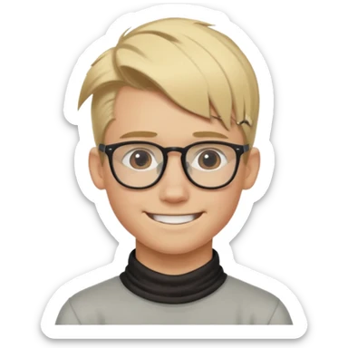 blond hair teen boy pony tail undercut with tattoo on his neck, wearing glasses, strong built, smile warmly  sticker