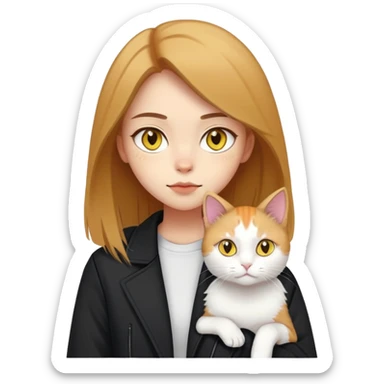 A light-skinned brown straight-haired girl wearing black jacket, along with two cats. One cat is pure white cat with yellow eyes, another is a calico cat sticker