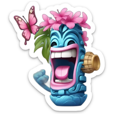Cartoon Blue and pink tiki singing with butterfly and in the mike sticker
