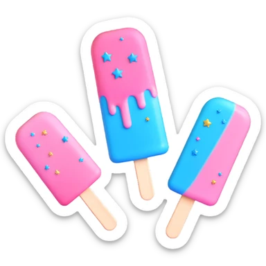 Pastel pink and blue popsicle with melting icing, sparkles, and star decorations, shiny and glossy, on a white background in 3D emoji style. sticker