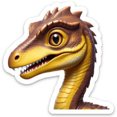 Cinematic Cute jurassic park Velociraptor Portrait Emoji, Head tilted playfully with a cheeky smirk, featuring a compact, agile form with smooth, dark scales and softened, expressive eyes that sparkle with mischievous charm, Simplified yet irresistibly adorable features, highly detailed, glowing with a warm, inviting prehistoric glow, high shine, affectionate and lively, stylized with a touch of whimsical dinosaur mischief, soft glowing outline, capturing the essence of a playful jurassic park Velociraptor that seems as if it could sprint out of the screen into your heart! sticker