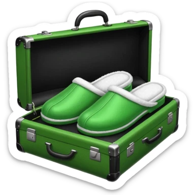 Feet with white socks wearing green house slippers standing on a briefcase sticker