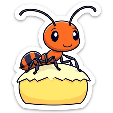 Cartoon ant sitting on a piece of rice sticker