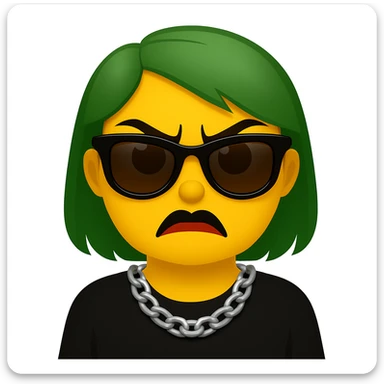 Create an emoji style image of a girl with green hair and an angry expression. She has brown eyes, lipstick blended with black and red, black sunglasses, and a chain necklace. sticker