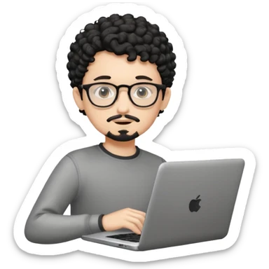 A young boy DEVELOPER WITH A laptop, black curly short hair, wearing glasses, a thin goatee, his skin is white sticker