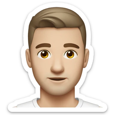 A slavic guy with blue eyes, light skin, shaved dark brown hair under 0.5, white T-shirt, silver earring piercing with cross on left ear. sticker