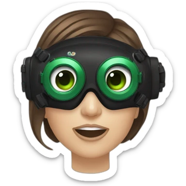 woman brown hair black diving mask with diving regulator in mouth, green eyes sticker