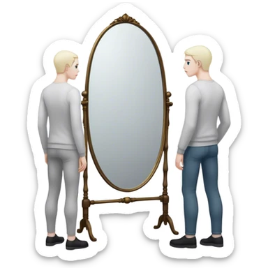 A person looks into a mirror, but instead of their own face, they see a larger figure watching them—distant, imposing, and unreadable. As they step back, the reflection fades, revealing only themselves. They turn away, realizing the power was never in the reflection but in walking away. sticker
