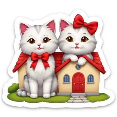 two happy cats in love with a house behind them that has a bow on the roof sticker