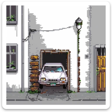 Pixel art back alley, graffiti walls, broken fence, flickering street light, abandoned car, urban decay, vertical composition, 9:16, Sega style 2D fighter background
 sticker