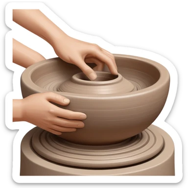 Two hands shaping a clay vessel on a silver pottery wheel, one hand inside and one hand outside the vessel, clean and focused view with no splashing clay sticker