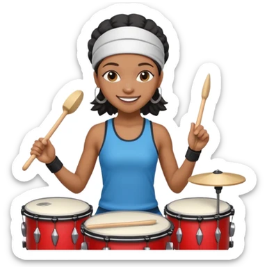 A black girl drummer with a sporty headband and clothes, tapping her drum rhythmically with a grin. sticker