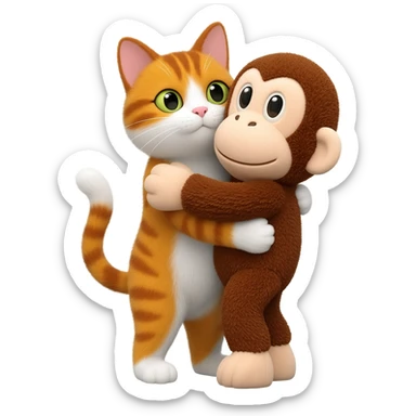 cat hugging monkey stuffed animal sticker
