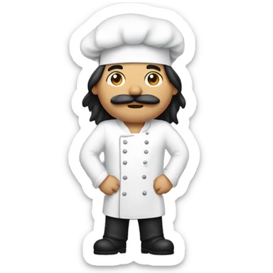 half asian, half white man with long black hair, facial scruff, and a mustache wearing a chef's hat sticker
